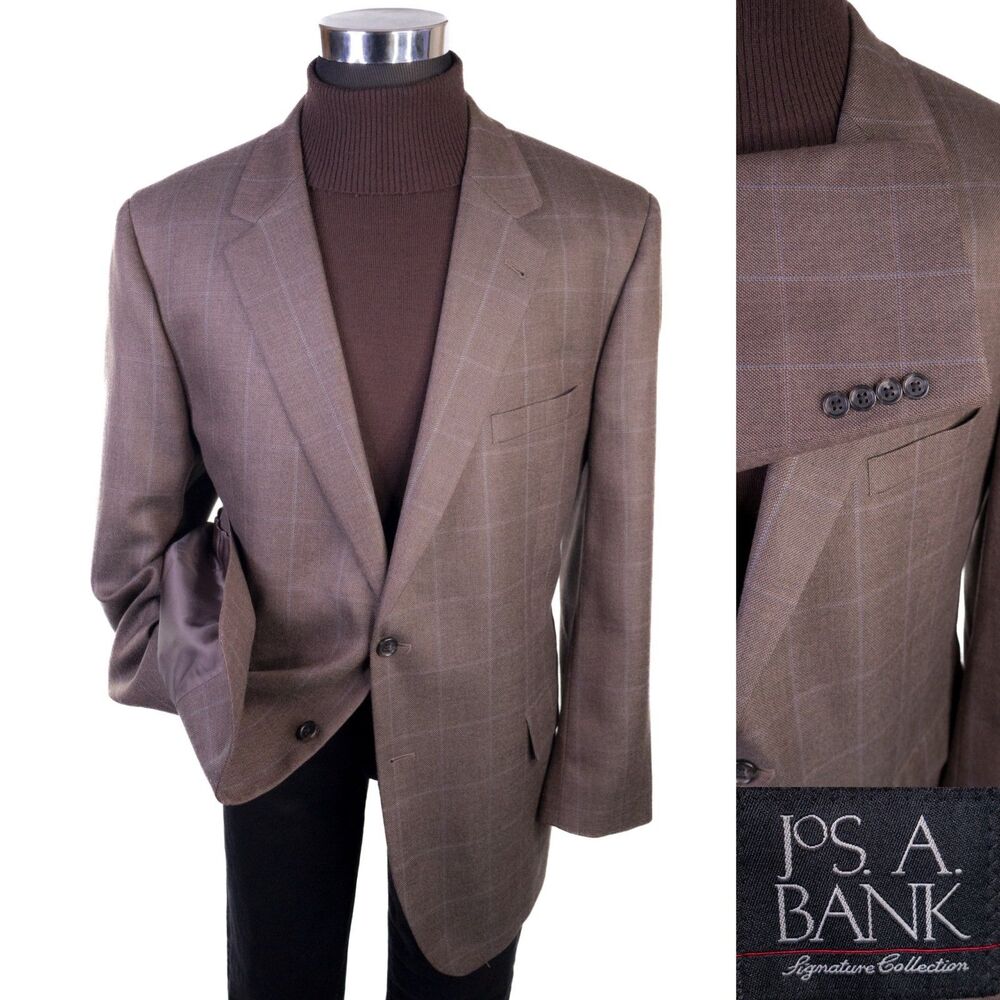 Jos A Bank Blazer Sport Coat Sz 48R Silk Camel Hair BROWN Check 2-Button Jacket